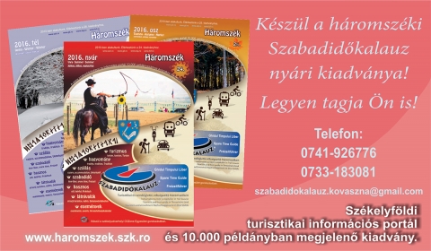 Készül a 2017-s nyári Szabadidőkalauz - Ha szeretné szolgáltatását nyáron is népszerűsíteni, segítünk Önnek! - Készül a 2017-s nyári Szabadidőkalauz - Ha szeretné szolgáltatását nyáron is népszerűsíteni, segítünk Önnek!
A Szabadidőkalauz csapata már hét éves tapasztalattal jelenteti meg új, szezonális kiadványát, amely szokás szerint most is kivételes lehetőséget nyújt mindazok számára, akik szolgáltatásaikat akarják népszerűsíteni Háromszéken és Erdély-szerte. Ezúttal is szeretnénk minél teljesebben bemutatni Háromszéket. Ebben Ön is a segítségünkre lehet.
Székelyföldi vendéglátók és szolgáltatók jelentkezését várjuk a nyári Szabadidőkalauzba!
Ha szeretné szolgáltatását egy négy nyelvű (magyar, angol, német, román) 10.000 példányszámos kiadványban népszerűsíteni, akkor válassza a Szabadidőkalauzt!
Kiadványunk Szállás, Szabadidő, Hasznos és Látnivaló rovatokban valamint egy Eseménynaptárban mutatja be Háromszéket. A szálláshelyek, a különböző rendezvények, szórakozóhelyek útmutatója.
Kiadványunkat ingyenesen terjesztjük, nemcsak Erdély-szerte, hanem Magyarországon is.
Partnereinket a kiadványban és a honlapon (www.haromszek.szk.ro) is reklámozzuk (napi 400-500 látogató). A honlapunkon a Hírek, Aktuális valamint az Eseménynaptár menüpontok alatt ingyenesen lehet hirdetni.
A nyári kiadványunk június elején fog megjelenni (június, július és augusztus hónapokra vonatkozik majd).
Május 22-én lesz a lapzártánk, addig várjuk a jelentkezésüket.
Kézdivásárhelyen a Szabadidőkalauz megtalálható a következő helyeken:
Polgármesteri Hivatal, Vigadó Művelődési Ház, Incze László Céhtörténeti Múzeum, Gyűjtemények háza, Jazz Cafe, Székely Vendéglő, Mozi, Daragus iroda és panziók, Zöld Nap Egyesület.
Zabola: Mikes kastály
Csernáton: Haszmann Pál Múzeum
Maksa: Benke kúria,
továbbá Háromszék többi részein.
A kiadványunk ingyenes, partnereink is osztogathatják saját klienseik között.
Érdeklődni lehet a részletekről a Szabadidőkalauz szerkesztőinél telefonon (0741-926776, 0733-183081) vagy a szabadidokalauz.kovaszna@gmail.com drótpostacímen.
http://haromszek.szk.ro/hu/aktualis/maj8keszulanyariszabadidokalauz