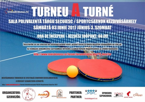 Asztalitenisz A turn� - Asztalitenisz A turn� K�zdiv�s�rhely sportcsarnok�ban 2017 j�nius 3-�n, szombaton reggel 8:00 �rai kezdettel.

Az iratkozas jelentkeesi sorrendben tortenik a szabad helyek fuggvenyeben az alabbi honlapon:
http://www.tenisdemasa.ro/forum/showthread.php?19343