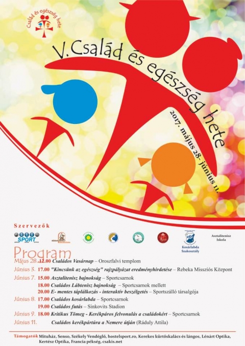 V. Csal�d �s eg�szs�g hete - K�zdiv�s�rhely 2017. m�jus 28 - j�nius 11 - Az 5-ik Csal�d �s eg�szs�g hete K�zdiv�s�rhelyen 2017. m�jus 28 �s j�nius 11 k�z�tt ker�l megrendez�sre.

Program:

2017 M�jus 28 - Vas�rnap
12:00 - Csal�dos Vas�rnap - Oroszfalvi templom

2017 J�nius 3 - Szombat
15:00 - Kincs�nk az eg�szs�g - rajzp�ly�zat eredm�nyhirdet�s - Rebeka Misszi�s K�zpont

2017 J�nius 7 - Szerda
15:00 - Asztalitenisz bajnoks�g - Sportcsarnok
18:00 - Csal�dos l�btenisz bajnoks�g - Sportcsarnok mellett
20:00 - E-mentes t�pl�lkoz�s - interakt�v besz�lget�s - Sportsz�ll� t�rsalg�ja

2017 J�nius 8 - Cs�t�rt�k
17:00 - Csal�dos kos�rlabda - Sportcsarnok
19:00 - Csal�dos fut�s - Sinkovits Stadion

2017 J�nius 9 - P�ntek
18:00 - Kritikus t�meg - Ker�kp�ros felvonul�s a csal�dok�rt - Sportcsarnok

2017 J�nius 11 - Vas�rnap
Csal�dos ker�kp�r�t a Nemere �tj�n (R�duly Attila)

Szervezők:
Sportiroda, K�zdiv�s�rhely v�rosi �nkorm�nyzata, Z�ld Nap egyes�let, Rebeka Misszi�s K�zpont, Vigad� Művelőd�si H�z, KSE Kos�rlabda Szakoszt�ly