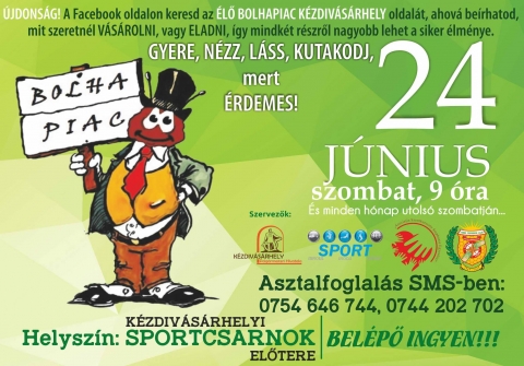 Júniusi bolhapiac a sportcsarnok földszinti részén - Lassan közeledik június 24. szombat, amikor ez év hatodik BOLHAPIACA nyitja meg részvételi lehetőségét úgy az eladó, csere-berélő, mint a vevők előtt, a kézdivásárhelyi sportcsarnok földszinti részén reggel 9 órai kezdettel.
Szedd össze fölösleges de jó állapotban lévő tárgyaid, könyveket, szerszámokat, játékszereket, kinőtt vagy meg unt ruhadarabokat, stb. abba hagyott vagy örökölt gyűjtemények darabjait és értékesítsd ezen adott lehetőségen.
Asztalfoglalás, díjmentesen a 0744202702 vagy 0754 646744 est telefonszámokon SMS küldéssel. Belépti díj ingyenes! Használd ki ezen alkalmat!