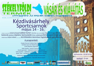 Székelyföldi Termék Kiállítás és Vásár - A Civilek Háromszékért Szövetség 2010. május 14-16. között első alkalommal megszervezi a Székelyföldi Termék Kiállítás és Vásárt Kézdivásárhelyen, a Városi Sportcsarnokban. A kiállítás célja a székelyföldi termékek népszerűsítése, a helyi termelők és vállalkozók közötti gazdasági kapcsolatok fejlesztése és a székely öntudat erősítése.A háromnapos program kulturális rendezvényeket és eseményeket is magában foglal, neves székelyföldi személyiségeket, ismert előadókat és társulatokat vonultatva fel ez alkalommal.A kiállításra meghívást kapnak székelyföldi cégek, termelők és kézművesek termékeik bemutatására, ipari vállalkozóktól helyi termelőkig, kézművesektől turisztikai szolgáltatókig, stb.. Jelen lesznek pék termékek, tejtermékek, hústermékek, ásványvizek, ruházati cikkek, külföldre gyártott termékek, könyvek, népművészeti tárgyak, bútor, játékok, festmények, hanglemezek, stb.A termékek sokaságának látványa erőt és önbizalmat ad az emberek számára, hogy higgyenek saját értékteremtő erejükben, az önellátó fenntartás lehetőségében, és egyben tudatosul a székelyföldi termelőkben is a helyi piac előnye. Minden Székelyföldön bejegyzett és működő vállalkozás a helyi családok számára nyújt megélhetést, erősíti a helyi gazdaságot és növeli a létbiztonságot. Minden székelyföldi termékért adott lejünkkel hozzájárulunk egy újabb munkahely megteremtéséhez, bevételeink növeléséhez és ezáltal egy méltányos élet kialakításához Szülőföldünkön. LEGYÜNK SIKERESEK... ELŐSZÖR ITTHON!Várjuk a cégek, érdeklődők jelentkezését az alábbi elérhetőségek egyikén:Vezetékes telefon: 0267 351 959Maroktelefon: 0742 846 558e-mail: szekelyvasar@gmail.comA kiállítással kapcsolatos információk megtalálhatók a www.szekelyvasar.ro honlapon.A Szervezők,Civilek Háromszékért Szövetség - CIVEKSepsiszentgyörgy, Háromszék, RomániaA Székelyföldi Termék Kiállítás és Vásár közleményeÉrtesítjük az érdeklődőket, hogy a kis cégek és kézműves vállakozók számára a felületbérlési díjat 80 lej/nm-re módosítottuk, ezzel is támogatólag hozzájárulva a kiállításon való részvételhez. Egyúttal felhívjuk a kiállítani szándékozók figyelmét, hogy a jövő hét folyamán véglegesítjük a szerződéseket, a standépítések előkészítése érdekében. Akik még nem tették meg, azokat kérjük szépen, hogy a jövő hét folyamán küldjék el a szerződéseket legkésőbb április 30.-ig.Civilek Háromszékért Szövetség - CIVEKA vásár programjaMájus 14., péntek11.00 - Hivatalos megnyitó - Tanulók Klubja Ifjúsági Fúvószenekar14.00 - Humoros műsor16.00 - Százlábú Gyermek Néptáncegyüttes18.00 - Hahó, itt a média!Május 15., szombat11.00 - 13.00 Székelyföldi Termék bemutató14.00 - Hargita Nemzeti Székely Népi Együttes17.00 - Híres Székelyek , Tulit Zsombi, Gazda József18.00 - Hahó, itt a média!Május 16., vasárnap11.00 - 13.00 - Székelyföldi Termék bemutató14.00 - Perkő Népitánc Egyesület16.00 - Híres Székelyek, Apolka és a Dombi gyerekek