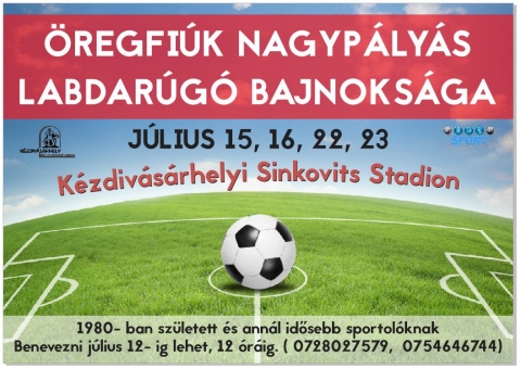 regfik nagyplys labdarg bajnoksga - Jlius 15, 16, 22, 23 -n a kzdivsrhelyi Sinkovits Stadionban az regfik nagyplys labdarg bajnoksga kerl megszervezsre.
Az 1980-ban szletett s annl idősebb sportolknak szl bajnoksgra benevezni jlius 12-ig lehet, a 0728027579, 0754646744-es telefonszmokon.