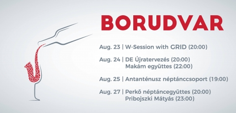 Borudvar '17 - Borudvar 2017 program az Őszi Sokadalomban:

Aug. 23 | W-Session with GRID (20:00)
Aug. 24 | DE jratervezs (20:00), Makm egyttes (22:00)
Aug. 25 | Antantnusz nptnccsoport (19:00)
Aug. 27 | Perkő nptncegyttes (20:00)
Pribojszki Mtys (23:00)