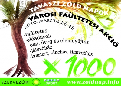 Első Tavaszi Zöld Napok - Te is légy jelen Székelyföld első Tavaszi Zöld Napoknak elnevezett rendezvényén, Kézdivásárhelyen! Bárki részt vehet a faültetésen és a többi programokon is!Március 26-án veszi kezdetét az a három napos környezetvédelmi megmozdulás amelynek során elültetésre kerül 1000 db facsemete Kézdivásárhely területén. A rendezvényt a Zöld Nap Egyesület és a Kézdivásárhelyi Sportiroda szervezi, támogatja a Kézdivásárhelyi Polgármesteri Hivatal és a Big Mama Kft.A friss levegő nagyon fontos, hiszen többek között ettől függ egészségi állapotunk megőrzése. Az autók által kibocsájtott káros gázak és széndioxid ellen csak a fák segíthetnek, ezért a Tavaszi Zöld Napok legfontosabb célkitűzése az, hogy tisztábbá tegyük városunk levegőjét az elültetett 1000 facsemete által. Továbbá szeretnénk, ha minél több iskolát és szervezetet tudnánk rendezvényünk ideje alatt mozgósítani és minél több gyermeket, fiatalt nevelnénk ezáltal környezettudatos életmódra.A faültetési akció pénteken kezdődik, reggel 8 órakor várunk minden érdeklődőt a sportcsarnok előtt. A megbeszélés, eligazítás után a csapat nekivág a katrosai erdőnek, ahol a csemeték kiásására kerül sor. Este a zene és a szórakozás kedvelőit a sportcsarnok előterébe várjuk, a jó hangulatot az Üzenet együttes és a Control zenekar fogja biztosítani.Azok a résztvevők, akikben a lendület másnapra is kitart, részt vehetnek a fák elültetésében is, amely a város hat ismert pontján (Sportcsarnok környéke, Református és Katolikus temető, korház udvara, Nagy Mózes Elméleti Líceum és a Nyujtódi Általános Iskola udvara) fog megtörténni. (Kérünk mindenkit, hogy hozzanak ásót vagy lapátot magukkal, és egy-egy tányért és evőeszközt is.) Majd az este is a mozgás jegyében fog eltelni, a hagyományos táncmulatságok kedvelőinek a talpalávalót Ábry Béla és zenekara fogja biztosítani, ugyancsak a sportcsarnok előterében. Március 27-én 20:30 és 21:30 óra között városunk csatlakozni fog a 2007-ben elindított Föld Órája (Earth Hour) kezdeményezéshez, melynek célja a globális felmelegedés elleni összefogás hangsúlyozása. Légy te is a megmozdulás részese és kapcsold le a villanyt lakásodban csekély egy órára!De nemcsak fát fogunk ültetni a Tavaszi Zöld Napok keretén belül, hanem megszervezésre kerül egy újabb használt olaj, üveg, pet-palack és szárazelemgyűjtés. Gondoltunk a városunkban élő kisiskolásokra és óvódásokra is, számukra a Bóbita játszóház nyújt felejthetetlen élményt.A vasárnap bővelkedni fog környezetvédelmi előadásokban. Délben Dr. Ónodi Izabella 'Földünk alkotóelemei testi és lelki egészségünk meghatározói' címmel tart előadást. Aztán átveszi a szót Pál Zoltán kolozsvári egyetemi tanár 'Erdélyi kerékpáros tanösvényhálózat' előadásával. A kerékpáros témától egy óra erejéig eltávolodunk a klímaváltozás felé, ugyanis Incze Réka sepsiszentgyörgyi környezetvédelmi szakember szemléltetni fogja előadásában, hogy 'Mit jelent a klímaváltozás...nekünk?'. A vasárnap délutánt egy kerekasztal beszélgetéssel fogjuk folytatni, melynek témája Zöldutak Felsőháromszéken.A Vigadó kistermében vasárnap este a három nap alatt készült fotókból összeválogatott vetített fényképes bemutatót fogunk tartani. A bemutató után a rendezvényt Al Gore Kellemetlen Igazság című filmjével zárjuk.Időszak: 2010. március 26-28Indulás: Kézdivásárhely, Sportcsarnok előtt, péntek 8 óra.Kérünk mindenkit, hogy hozzanak ásót vagy lapátot magukkal, és egy-egy tányért, evőeszközt is.Péntek:08:00 - 08:30 - eligazítás, megbeszélés, utazás a katrosai erdőbe - a sportcsarnok előtt09:30 - 13:30 - facsemeték kiásása az adott szakaszon - katrosai erdő13:30 - 15:00 - ebéd 15:00 - 18:00 - ásás a következő szakaszon19:00 - vacsora20:00 - esti program: A Control és az Üzenet együttes koncertje - a sportcsarnok előtereSzombat:09:00 - 09:30 - eligazítás, megbeszélés - a sportcsarnok előtt10:00 - 14:00 - ültetés az adott szakaszon, Kézdivásárhelyen15:00 - 16:00 - ebéd17:00 - 19:00 - ültetés a következő szakaszon19:00 - vacsora20:00 - esti program: Táncház Ábri Bélával és zenekarával - a sportcsarnok előtere20:30 - 21:30 - Earth Hour 2010 - hatvan percig maradj sötétbenVasarnap:11:00 - 15:00 - Olaj, elem, üveggyűjtés - a sportcsarnok előtt11:00 - 15:00 - Bóbita játszóház - a sportcsarnok előttElőadások:12:00 - 13:00 - Dr. Ónodi Izabella - Földünk alkotóelemei testi és lelki egészségünk meghatározói (Helyszín: Sinkovits stadion társalgója)13:00 - 14:00 - Pál Zoltán - Erdélyi kerékpáros tanösvényhálózat (Helyszín: Sinkovits stadion társalgója)14:00 - Incze Réka - Mit jelent a klimaváltozás... nekünk? (Helyszín: Sinkovits stadion társalgója)16:00 - Kerekasztalbeszélgetés a zöld utakról (Helyszín: Sinkovits stadion társalgója)19:00 - 21:00 - vetített képes bemutató a faültetésről, filmvetítés: Kellemetlen igazság, Al Gore filmje - Vigadó kisteremBővebben: http://zoldnap.info/node/521.