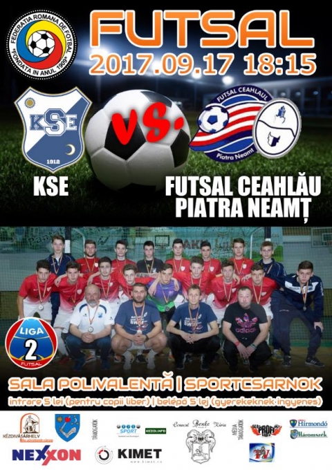 Futsal mérkőzes, II. Liga - A Futsal bajnokság II. Ligájába visszaesett KSE Futsal csapata, 2017. szeptember 17-én, vasárnap délután 18:15-tól a Futsal Ceahlău csapattal mérkőzik meg a kézdivásárhelyi Sportcsarnokban.
Hajrá KSE Futsal!