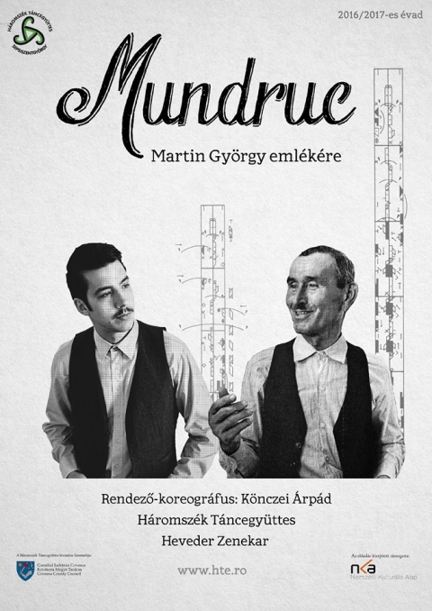 H�romsz�k T�ncegy�ttes MUNDRUC T�nch�zi produkci� a Vigad�ban - 2017. okt�ber 9-�n, h�tfőn 19 �r�t�l a Vigad� Művelőd�si H�z nagyterem�ben a H�romsz�k T�ncegy�ttes bemutatja MUNDRUC T�nch�zi produkci�j�t, a Martin Gy�rgy eml�k�re.
Jegy�r: 20 lej

A Mundruc előad�ssal szeretn�m megmutatni azt a vil�got is, N�das ment�t, azt a falut, k�rnyezetet, Vist�t, ahol megsz�letett a kalotaszegi leg�nyes eme kiemelkedő alkot�ja. Sajnos Kalotaszegre jellemzően, Vist�n is r�g�ta divat az egyk�z�s, a m�sodik gyermek m�r sz�gyennek sz�m�tott, t�bb �vtizede fogy a kalotaszegi magyars�g. Martin monogr�fi�j�b�l azt is megtudhatjuk, hogy Vist�r�l a k�rny�kbeli falvak sokkal pejorat�vabb v�lem�nyt fogalmaztak meg, mint ami a hagyom�nyos falucs�fol�kba belef�r: �Cs�fsz�j�ak, nagyv�rűek, kikap�sak, rossz feles�gek, cifr�lkod�ak, mulat�sak, d�h�sek, verekedősek, p�nzt vesznek fel a bankb�l, kereskednek. R�ad�sul iszik ott f�rfi �s asszony, rogy�sig, �s iszonyatosan k�romkodnak. � Mindezt egy Dar�czi nevű lelkip�sztor jegyezte fel, 1936-ban. (K�nczei �rp�d)

SZEREPOSZT�S
Mundruc: Melles Endre
T�nckutat�: M�rton Csaba
Első gazda: Gidr� Roland
Első gazda feles�ge: Luk�cs R�ka
Elad� l�nyuk: V�radi �gnes
�regasszony: Vajda Katalin
Poncsa: P�vel Hunor-Mih�ly
Poncsa feles�ge: Vir�g Imola
M�rai gazd�k: Gere Csaba, T�rő Bence
M�rai feles�gek: Pilinger M�nika, Dombi R�zsa
�rus: Svinyuk S�ndor
�rus feles�ge: �d�m J�lia
K�pl�r: Portik Norbert
Inaktelkiek: Kiss Adorj�n
L�nyok : Keresztes Gabriella, Kocsis Lilla-T�nde, Sz�kely Edina-Emőke

HEVEDER ZENEKAR: Fazakas Levente - hegedű, Moln�r Szabolcs - hegedű, Fazakas Albert - cimbalom �s br�csa, Szil�gyi L�szl� - br�csa �s harmonika, Bajna Gy�rgy - nagybőgő �s csell�

ALKOT�K
Forgat�k�nyv, zenei szerkeszt�s, d�szlet: K�nczei �rp�d
Kivitelező: Zayzon �d�m
T�ncoktat�: K�d�r Ign�c
Műv�szeti munkat�rsak: Melles Endre, Tekeres Gizella
Jelmez: F�l�p Hajnalka
Rendező-koreogr�fus: K�nczei �rp�d