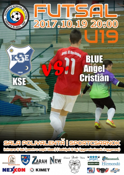 KSE - Blue Angel Cristian futsal rangad - A Futsal bajnoksg II. Ligjban, a KSE Futsal csapata, 2017. oktber 10-n, cstrtk este 20:00 ratl a Blue Angel Cristian csapattal mrkőzik meg a kzdivsrhelyi Sportcsarnokban. 

A belpő 5 lej.