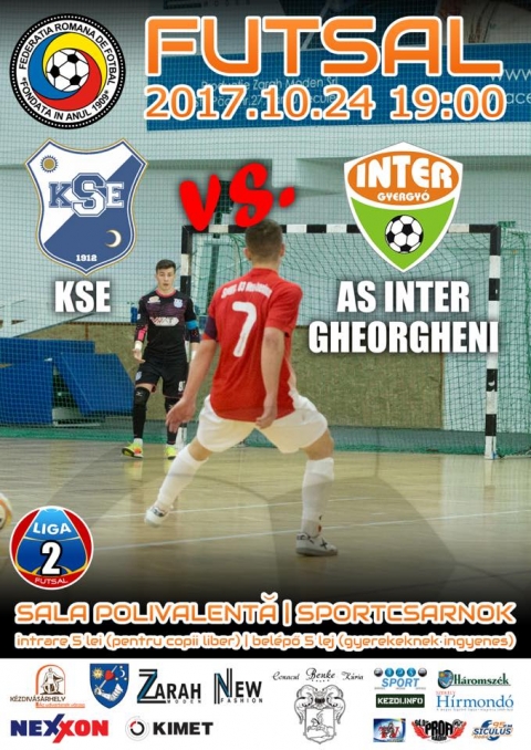 Futsal mrkőzes, II. Liga: KSE - Inter Gyergy - A Futsal bajnoksg II. Ligjban, a KSE Futsal csapata, 2017. oktber 24-n, kedden 19:00 ratl az Inter Gyergy csapattal mrkőzik meg a kzdivsrhelyi Sportcsarnokban. 

A belpő 5 lej.