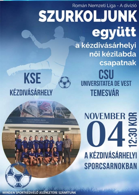 KSE - CSU Temesvár női kézilabda mérkőzés - November 4-én, szombaton 12:30-tól, a kézdivásárhelyi Női kézilabda csapata az A Divízióban mérkőzik meg a CSU Temesvár csapatával, a Sportcsarnokban.

Minden sportkedvelő jelenlétére számítunk.
Szurkoljunk együtt!