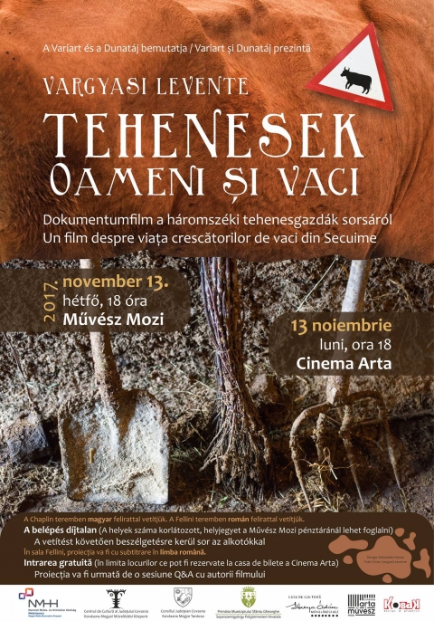 Vargyasi Levente - Tehenesek című dokumentumfilm premier vetítése - 2017 november 13-án, hétfőn este 18 órától Sepsiszentgyörgyön a Művész Moziban kerül sor Vargyasi Levente - Tehenesek című dokumentumfilm premier vetítésére.
A film a háromszéki szarvasmarhatartók aktuális helyzetét tárja fel 2015 és 2017 közötti periódusban. Párhuzamos gazdasorsokkal találkozik a néző. A film szereplői a hagyományosan gazdálkodó vidéki kisgazda, az egyesületi elnök és a húsmarhákat tenyésztő nagygazda. A gazdákon kívül elég fontos szerep jut az érdekvédelmi szövetkezeteknek, egyesületeknek is.
https://youtu.be/-3Mj8Teq2RQ
A fennmaradási próbálkozások egyik lehetséges útja a szövetkezeti formában való gondolkodás. A film készítői jelen voltak a Kézdi-tej megalakulásánál és elkísérik a gazdákat a fővárosba is, ahol a tej alacsony felvásárlási ára miatt tüntetnek.
A belépés díjtalan (A helyek száma korlátozott, helyjegyet a Művész mozi pénztáránál lehet foglalni).
A november 13-i bemutatót követően beszélgetésre kerül sor az alkotókkal.
A dokumentumfilm a Médiatanács Magyar Média Mecenatúra programjának támogatásával készült.
https://www.facebook.com/events/1524351280992216/
A belépés ingyenes, ezért érdemes foglalni a 0787 526 102 telefonszámon. (szombat, vasárnap 10-21 óra között)