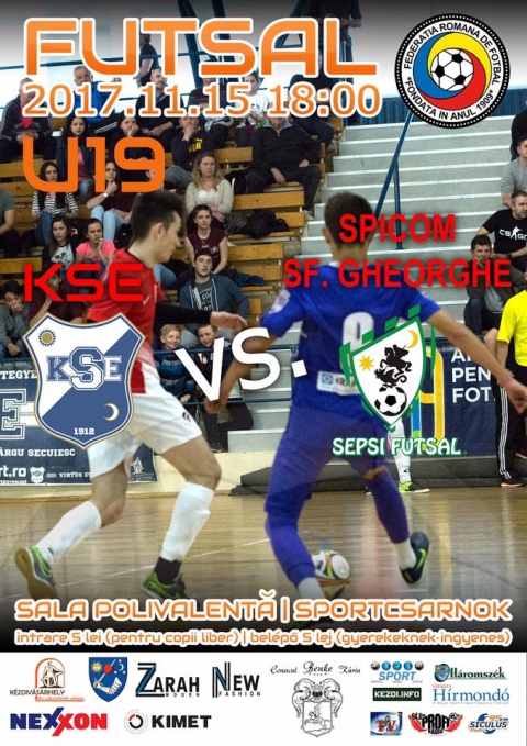 KSE Futsal - Sepsi Futsal mrkőzs a Sportcsarnokban - A KSE Futsal csapata, 2017. november 15-n, szerdn 18:00 ratl az Sepsi Futsal csapattal mrkőzik meg a kzdivsrhelyi Sportcsarnokban.
Belpő 5 lej, gyerekeknek ingyenes.