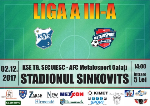 KSE K�zdiv�s�rhely - AFC Metalosport Galac szombaton 14:00 �r�t�l - 2017. december 2-�n, szombaton 14:00 �r�t�l a KSE K�zdiv�s�rhely csapata fogadja az AFC Metalosport Galac csapat�t a Sinkovits Stadionban a rom�n labdar�g� bajnoks�g III lig�j�ban.

Liga III - Seria 1 - Ranglista

1. Aerostar Bacău 28p 
2. Oțelul 28p
3. Roman 27p
4. Csikszereda 27p
5. Sporting Lieşti 23p
6. Bucovina Rădăuţi 23p
7. KSE Kezdivasarhely 21p
8. Infratirea Harman 20p
9. Olimpic Cetate 20p
10. Focşani 18p
11. Sănătatea Darabani 15p
12. Paşcani 10p
13. Szekelyudvarhely 9p
14. Avantul Valea Marului 7p
15. Metalosport Galaţi 0p

Bel�pő 5 lej.

#hajr�kse