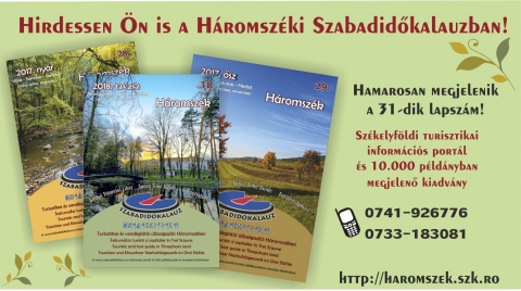 K�sz�l a tavaszi Szabadidőkalauz - Ha szeretn� szolg�ltat�s�t tavasszal is n�pszerűs�teni, seg�t�nk �nnek! - K�sz�l a tavaszi Szabadidőkalauz - Ha szeretn� szolg�ltat�s�t tavasszal is n�pszerűs�teni, seg�t�nk �nnek!
A kiadv�nyunk ingyenes, partnereink is osztogathatj�k saj�t �gyfeleik k�z�tt. 

A Szabadidőkalauz csapata m�r h�t �ves tapasztalattal jelenteti meg �j, szezon�lis kiadv�ny�t, amely szok�s szerint most is kiv�teles lehetős�get ny�jt mindazok sz�m�ra, akik szolg�ltat�saikat akarj�k n�pszerűs�teni H�romsz�ken �s Erd�ly-szerte. Ez�ttal is szeretn�nk min�l teljesebben bemutatni H�romsz�ket. Ebben �n is a seg�ts�g�nkre lehet.
Sz�kelyf�ldi vend�gl�t�k �s szolg�ltat�k jelentkez�s�t v�rjuk a tavaszi Szabadidőkalauzba!

Ha szeretn� szolg�ltat�s�t egy n�gy nyelvű (magyar, angol, n�met, rom�n) 10.000 p�ld�nysz�mos kiadv�nyban n�pszerűs�teni, akkor v�lassza a Szabadidőkalauzt!

Kiadv�nyunk Sz�ll�s, Szabadidő, Hasznos �s L�tnival� rovatokban valamint egy Esem�nynapt�rban mutatja be H�romsz�ket. A sz�ll�shelyek, a k�l�nb�ző rendezv�nyek, sz�rakoz�helyek �tmutat�ja. 
Kiadv�nyunkat ingyenesen terjesztj�k, nemcsak Erd�ly-szerte, hanem Magyarorsz�gon is.

Partnereinket a kiadv�nyban �s a honlapon (www.haromszek.szk.ro) is rekl�mozzuk (napi 400-500 l�togat�). A honlapunkon a H�rek, Aktu�lis valamint az Esem�nynapt�r men�pontok alatt ingyenesen lehet hirdetni.

A tavaszi kiadv�nyunk m�rcius elej�n fog megjelenni (m�rcius, �prilis �s m�jus h�napokra vonatkozik majd).
Febru�r 20-�n lesz a lapz�rt�nk, addig v�rjuk a jelentkez�s�ket.

K�zdiv�s�rhelyen a Szabadid�kalauz megtal�lhat� a k�vetkez� helyeken:
Polg�rmesteri Hivatal, Vigad� Művelőd�si H�z, Incze L�szl� C�ht�rt�neti M�zeum, Gyűjtem�nyek h�za, Jazz Cafe, Sz�kely Vend�glő, Mozi, Daragus iroda �s panzi�k, Z�ld Nap Egyes�let.
Zabola: Mikes kast�ly
Csern�ton: Haszmann P�l M�zeum
Maksa: Benke k�ria,
tov�bb� H�romsz�k t�bbi r�szein.

�rdeklődni lehet a r�szletekről a Szabadidőkalauz szerkesztőin�l telefonon (0741-926776, 0733-183081) vagy a szabadidokalauz.kovaszna@ gmail.com dr�tpostac�men.

http://haromszek.szk.ro/hu/aktualis/febr1keszulatavaszi