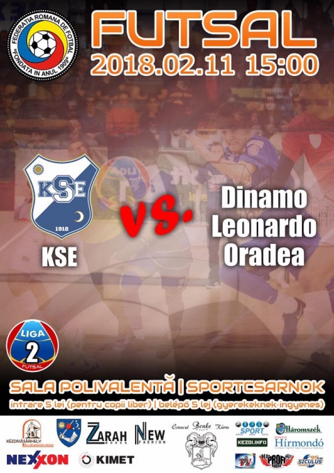 Futsal m�rkőzes, II. Liga: KSE - Dinamo Leonardo Nagyv�rad - A Futsal bajnoks�g II. Lig�j�ban, a KSE Futsal csapata, 2018. febru�r 11-�n, vas�rnap 15:00 �rat�l a Dinamo Leonardo Nagyv�rad csapattal m�rkőzik meg a k�zdiv�s�rhelyi Sportcsarnokban. 

A bel�pő 5 lej, gyerekeknek ingyenes.
