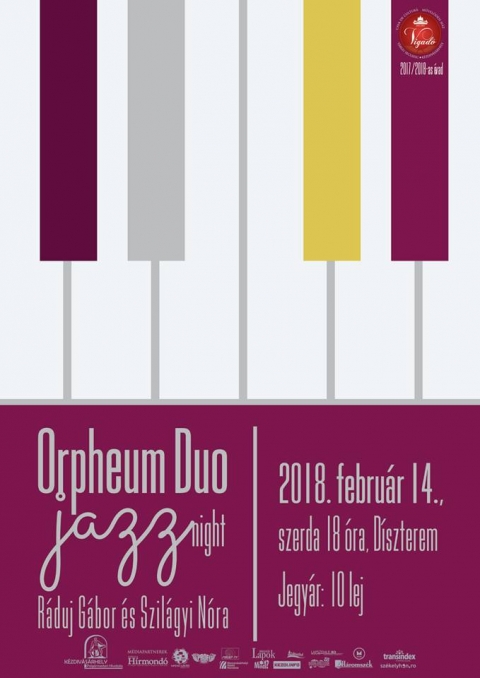 Vigad� Hangsz�n - Chekky Jazz Night - 2018. febru�r 14-�n szerd�n 18 �r�t�l, a Vigad� Művelőd�si H�z d�szterm�ben a 40. Vigad� Hangsz�n keret�n bel�l, az Orpheum Duo, Szil�gy N�ra �nekesnő �s R�duj G�bor zongorista Chekky Jazz Night c�mmel tartanak koncertet.

Jegy�r: 10 lej.