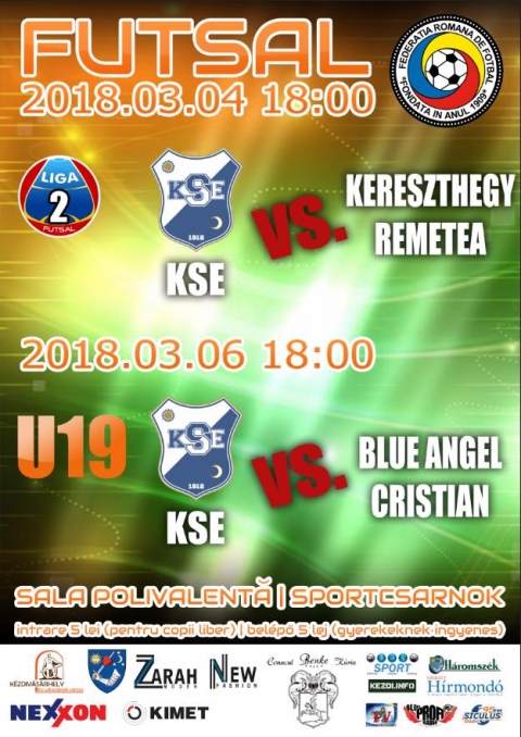 KSE Futsal II. Lig�s �s U19-es m�rkőz�sek - A Futsal bajnoks�g II. Lig�j�ban, a KSE Futsal csapata, 2018. m�rcius 4-�n, vas�rnap 18:00 �rat�l a Kereszthegy Remete csapattal m�rkőzik meg.
A KSE Futsal U19-es csapata, 2018. m�rcius 6-�n kedden, 18:00 �rat�l a Blue Angel Cristian csapattal m�rkőzik meg a  a k�zdiv�s�rhelyi Sportcsarnokban.
A bel�pő 5 lej, gyerekeknek ingyenes.
