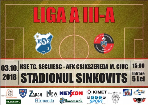 KSE - AFK Cs�kszereda labdar�g� m�rkőz�s - A III-ik Lig�ban, 2018. m�rcius 10-�n, szombaton 15:00 �r�t�l a KSE csapata az AFK Cs�kszered�val m�rkőzik meg, a Sinkovits Stadionban.
Bel�pő 5 lej.
#hajr�kse
