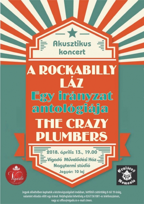 The Crazy Plumbers - A rockabilly láz - egy irányzat antológiája akusztikus koncert a Vigadó nagytermi stúdiójában - 2018. április 13-án, pénteken este 19:00 órától a Vigadó Művelődési Ház nagytermi stúdiójaban THE CRAZY PLUMBERS: A ROCKABILLY LÁZ - Egy irányzat antológiája akusztikus koncertre kerül sor.

Jegyár: 10 lej

A rockabilly az egyik legkorábbi és legmeghatározóbb rock 'n' roll zenei műfaj, amely az 1950-es évek Amerikájában bukkant fel. Elvis Presley, Johnny Cash, Carl Perkins, Gene Vincent vagy Wanda Jackson csak pár név, amely meghatározta ezt a korszakot. A Crazy Plumbers zenekar - egy akusztikus koncert keretén belül, - egy időutazásra hívja Önöket az 50-es években, Memphisbe, ahol ez a műfaj született.