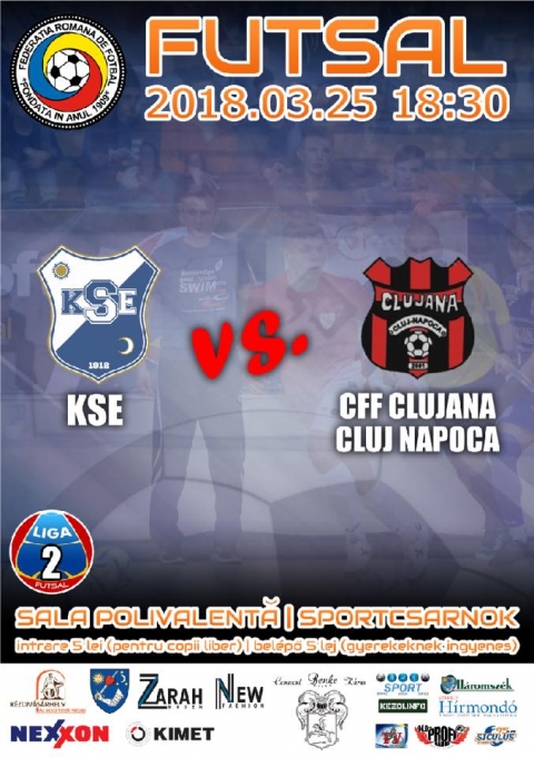 KSE Futsal és CFF Clujana Kolozsvár mérkőzés - A Futsal bajnokság II. Ligájában, a KSE Futsal csapata, 2018. március 25-én, vasárnap 18:30 -tól a CFF Clujana Kolozsvár csapattal mérkőzik meg a kézdivásárhelyi Sportcsarnokban.
A belépő 5 lej, gyerekeknek ingyenes.