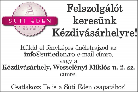 A Sti den felszolglt keres Kzdivsrhelyre  - Jelentkezni fnykpes nletrajzzal lehet ami az info@sutieden.ro e-mail cmre lehet bekldeni, vagy a Wesselnyi Mikls u. 2. sz. cmre Kzdivsrhelyen. 
Csatlakozz a Sti den csapathoz!