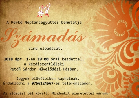 A k�zdiszentl�leki Perkő N�pt�ncegy�ttes Sz�mad�s h�sv�ti �nnepi műsora - Sz�mad�s - �nnepi műsor a k�zdiszentl�leki Petőfi S�ndor Művelőd�si H�zban.

Szeretettel v�runk �nnepi műsorunkra minden kedves �rdeklődőt, �prilis 1-�n, 19:00 �r�t�l a k�zdiszentl�leki Petőfi S�ndor Művelőd�si H�zba. Az előad�st b�l k�veti.

https://www.youtube.com/watch?v=CL_DR51qlIg