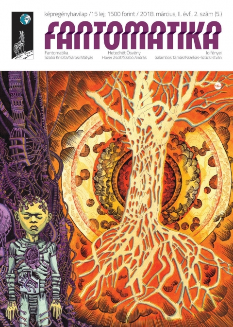 Fantomatika 5. lapszám, 2018. március - Hover Zsolt, Szabó András Hetedhét Ösvény című magyar legendák, Galambos Tamás Io fényei sci-fi novellája nyomán Fazekas-Szűcs István illusztrálása - Ötödik lapszámunkban már három történet szerepel! A Fantomatika mellett két új alkotással jelentkezünk: Hover Zsolt Hetedhét Ösvény című, magyar legendákkal, mitológiai és népmesei motívumokkal átszőtt fantasy regényével, amelyet Szabó András álmodott papírra; valamint a Galambos Tamás Io fényei című sci-fi novellája nyomán készült izgalmas sorozattal, Fazekas-Szűcs István illusztrálásában.
A Fantomatika címadó történetében Bereg újabb elfedett titkokkal szembesül, míg Anzel az új világ megteremtésének előkészületeivel van elfoglalva.
A szerzőkről:
Hover Zsolt 1978-ban született Margittán. Már általános iskolás korától érdekli az írás, ebben az időben rengeteg verset írt, és egy alkalommal prózával is próbálkozott. Jack London Fehér Agyar című regényét olvasva történeteket kezdett írni egy vadászkutyáról, azonban unokatestvérei megtalálták a füzetét, és piszkálni kezdték miatta – írói karrierje így hosszú ideig parkolópályára került. Zsolt a kolozsvári Protestáns Teológiai Intézeten végzett 2001-ben, és azóta lelkészként munkálkodik, jelenleg a Kalotaszegi Református Egyházmegyéhez tartozó Magyargyerőmonostoron. A lelkészi hivatás mellett az újságírás is foglalkoztatta, ezért először publicisztikákat közölt különböző erdélyi lapoknál, majd elvégzett egy újabb főiskolát, ezúttal újságírás szakon. Ekkor került újra előtérbe az írás, és mivel kedveli a fantasy regényeket, ebben a műfajban akart valamit létrehozni. Az alapötlet már régebben megszületett a fejében, de a történetet meg kellett tölteni szereplőkkel. Úgy döntött, hogy a karakterek megalkotásakor nem a nyugati sémákat követi, hanem a magyar mitológiából merít ihletet. A történetben előforduló mitologikus lények szinte kivétel nélkül mind léteznek a régi magyar hiedelemvilágban, ezenkívül rengeteg népmesei motívum is fellelhető a meseregényben. Képregényeket gyermekkorától olvas, tekintélyes gyűjteménnyel is rendelkezik, ezért elmondása szerint nagy örömére szolgál, hogy története szereplői rajzolt formában is alakot öltenek a Fantomatika oldalain.
https://hoverzsolt.ro/
Szabó Andrást már nem kell bemutatnunk, hiszen a Fantomatika negyedik lapszámában ő illusztrálta Simon Lehel Zoltán A kóbor herceg legendája című paródiáját, sajátos rajzai bővítették a poénokban amúgy sem szűkölködő alkotást. Andrásról röviden: 1980-ban született Marosvásárhelyen, Kolozsváron végezte el a művészeti egyetemet, és jelenleg is ott él családjával. Kiállítóművész és szabadúszó grafikus, az érzékeny, részletgazdag rajz a sajátja.
Galambos Tamás Budapesten született, jelenleg is itt él, harminchat éves házasember. Az Eötvös Loránd Tudományegyetemen (ELTE) végezte tanulmányait, programozó–matematikus szakon, ebben a szakmában dolgozik. Középiskolás korában kezdett el írni, aztán a szerepjáték felé fordult az érdeklődése, az egyetem után viszont újrakezdte az írást. A sci-fin kívül leginkább horrort szeret írni, egy rémmeséje megjelent a Dimenziók 6 című antológiában. Gyermekkorában a Kockás képregényeket olvasta, nagyon inspiráló volt számára a Csillagok Háborúja, és későbbb a cyberpunk animék, ezért jelenleg egy cyberpunk sci-fi regényen dolgozik. Kedvenc kortárs magyar írói Markovics Botond, Kondor Vilmos, Réti László és Puszta Andrea. Szabadidejében az íráson kívül krav magával (önvédelmi sport) foglalkozik.
Fazekas-Szűcs István (Szücsi) 1984-ben született Kiskunfélegyházán, épp időben ahhoz, hogy gyerekkora egybeessen a 90-es évek képregénydömpingjével. Kellően meg is fertőződött, és a mai napig szenvedélye a képregény, többnyire a szerencsére egyre szaporodó magyar kiadásokat gyűjti. A másik múzsája a nemzetközi, azon belül is az angol labdarúgás és annak irodalma, alkalmazott művészetekre gyakorolt hatása. Eddig megjelent hosszabb-rövidebb webképregényeit is ennek a témakörnek szentelte, ezeken a projekteken remek humorú és stílusú írókkal dolgozott együtt. A legnagyobb elismerést az jelentette számára, amikor Jonathan Wilson (korunk talán legmeghatározóbb futballszakírója) a Twitteren méltatta egyik képregényét, melyet maga Wilson inspirált. Szücsi 2011-ben diplomázott az Eszterházy Károly Főiskola Vizuális Művészeti Tanszékén, jelenleg Szegeden él a kedvesével és Uzsonna nevű tengerimalacukkal.
Szabó Kriszta Kézdivásárhelyen, Erdélyben született 1977-ben, Kolozsváron diplomázott fotó-videó szakon, tanárként, kulturális szervezőként dolgozott, fellépett performansz eseményeken, részt vett különböző video-workshopokon külföldön is. Állatvédő és sci-fi rajongó. Évek óta történetekben gondolkodik, melyeket animációs film formában is meg szeretne valósítani.
Sárosi Mátyás ugyancsak Kézdivásárhelyi, 1985-ben született, grafika szakon végzett a kolozsvári Ioan Andreescu Művészeti Egyetemen. Nagyon termékeny alkotó, több sikeres egyéni kiállítása volt, a Székelyföldi Grafikai Biennálé különdíjasa. Stílusában érezhető a popkultúrás, képregényes hangulat, bár táblaképein elmélkedő, súlyos témákat szokott feldolgozni. A képregényekért gyermekkora óta rajong, a Fantomatika rajzolása nemcsak kemény munka, hanem élvezet is számára.
A kiadóról:
A Fantomatika 2017 októberében induló képregényhavilap, kiadója Erdélyben, Kézdivásárhelyen van. A lapot Erdélyben és Magyarországon forgalmazzák. A kiadó helyi képregényalkotók munkáit mutatja be sorozataiban, témájában pedig a sci-fi, a fantasy dominál.
A fantomatika kifejezést Stanislaw Lem írásaiban olvashatta először a közönség, amely holografikus világot, mesterségesen kreált valóságot jelent.
Bővebben minderről a Fantomatika honlapján: http://fantomatika.com
cím: Fantomatika
kiadó: Fantomatika Kiadó, Erdély, Kézdivásárhely
műfaj: képregénysorozat, antológia
megjelenés: havonta
zsáner: sci-fi, fantasy
témakör: szép új világ, holografikus tér, coming of age, fantasy, magyar mitológia, démon, hetedhét ösvény, újrakezdés, gyarmat bolygó, planetáris bányászat
ISSN szám – 2559 – 6845
Vonalkód: 5948492930014 18002
Oldalszám: 40
Ár: 15 lej
honlap: http://fantomatika.com
Facebook: https://www.facebook.com/Fantomatika/
Youtube: https://www.youtube.com/channel/UCOoCcBpuSwSDL-GtthIS_jg