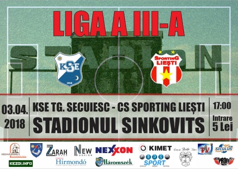 KSE - Sporting Liesti Liga 3 labdarg mrkőzs - 2018 prilis 3-n, kedden dlutn 17:00 rtl C ligs labdarg mrkőzsre kerl sor a Sinkovits Stadionban, ahol a hzigazda KSE ltja vendgl a Sporting Liesti csapatt. A belps 5 lej.