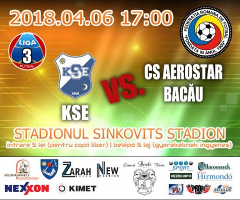 KSE - CS Aerostar Bákó labdarúgó mérkőzés - 2018. április 6-án pénteken 17:00 órától C ligás labdarúgó mérkőzésre kerül sor a Sinkovits Stadionban, ahol a házigazda KSE látja vendégül a CS Aerostar Bákó csapatát.
A belépés 5 lej, gyerekeknek ingyenes.