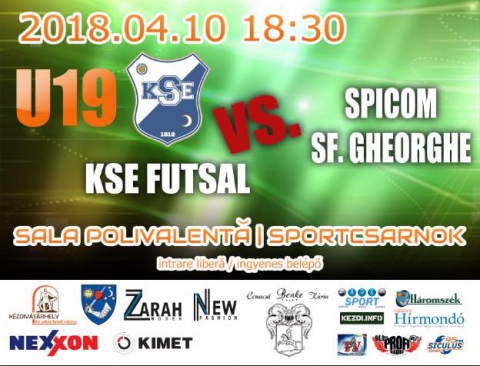 Futsal U19:  KSE Futsal - Sipcom Sepsiszentgy�rgy  - Futsal U19-es m�rkőz�sre ker�l sor,  2018. �prilis 10-�n, kedden 18:30 -t�l. A KSE Futsal csapata, Sipcom Sepsiszentgy�rgy csapattal m�rkőzik meg a k�zdiv�s�rhelyi Sportcsarnokban.
A bel�p�s ingyenes.