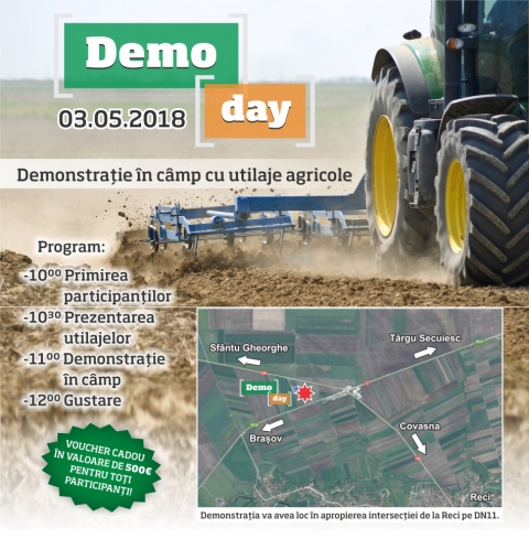 Mezőgazdas�gi g�pbemutat� - Szeretettel megh�vjuk a Nexxon �ltal szervezett mezőgazdas�gi g�pbemutat�ra, amely 2018 m�jus 3-�n 10:00 �rakor kezdődik.


A bemutat� a DN11-es �ton a r�tyi �tkereszteződ�sn�l lesz megtartva. T�rk�p: http://bit.ly/demoday2018CV


Program:
10:00 � R�sztvevők fogad�sa
10:30 � G�pek r�vid bemutat�sa
11:00 � Gyakorlati bemutat�
12:00 � Falatoz�s


A r�szv�tel ingyenes, r�szv�teli sz�nd�k�t jelezheti az al�bbi weboldalon: http://www.nexxon-utilajeagricole.ro/demoday 


Tov�bbi inform�ci�k�rt keressen fel: 0731 111 643

http://nexxon-utilajeagricole.ro