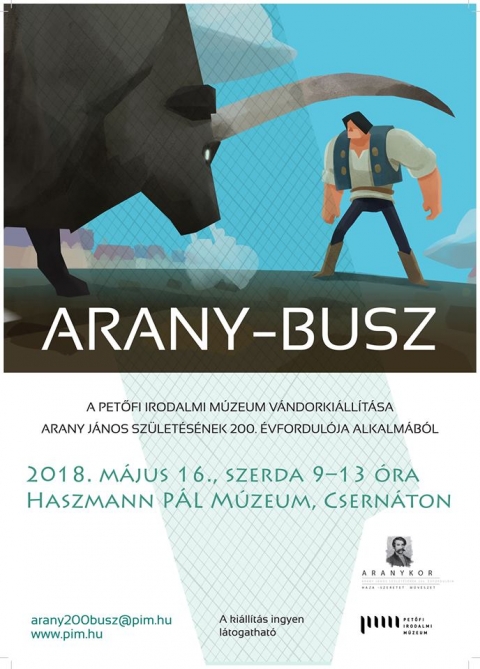 Arany-Busz Csern�tonban a Haszmann P�l M�zeumban - A budapesti Petőfi Irodalmi M�zeum Arany J�nos sz�let�s�nek 200. �vfordul�ja alkalm�b�l aut�buszban rendezett be mozg� t�rlatot, amely 2017 j�lius�t�l egy �ven �t j�rja a magyarorsz�gi �s hat�ron t�li magyarlakta ter�leteket. A ki�ll�t�s Arany J�nos �letműv�t, �let�t, k�lt�szet�nek m�ig hat� eleven erej�t versek, k�pek, relikviam�solatok, hang- �s filmfelv�telek seg�ts�g�vel mutatja be. Az erd�lyi k�r�ton levő v�ndorki�ll�t�s 2018. m�jus 16-�n d�lelőtt 9�13 �ra k�z�tt a csern�toni Haszmann P�l M�zeumban �llom�sozik.

Egyszerre legfeljebb 20 fős csoportokat fogadnak, a ki�ll�t�s megtekint�s�hez legal�bb 20 perc sz�ks�ges.
A 0746 103 796-os telefonsz�mon v�rjuk az iskol�s csoportok �s az �rdeklődők előzetes bejelentkez�s�t a t�rlat z�kkenőmentes megtekint�s�nek �rdek�ben.

A ki�ll�t�s anyaga gyerekek sz�m�ra legink�bb az �ltal�nos iskola 6, 7. oszt�ly�t�l kezdve fogadhat� be.

Az Arany200-busz tov�bbi h�romsz�ki �llom�shelyei:
K�zdiv�s�rhely, sportcsarnok előtere (m�jus 16-a d�lut�n, m�jus 17-e d�lelőtt), Sepsiszentgy�rgy (a K�s K�roly Iskolak�zponttal szembeni parkol�, m�jus 17-e d�lut�n, m�jus 18 �s 19).