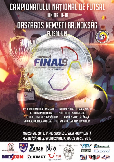 Futsal U19 orsz�gos nemzeti bajnoks�g - Futsal U19 orsz�gos nemzeti bajnoks�gra ker�l sor K�zdiv�s�rhelyen a sportcsarnokban m�jus 26 �s 28 k�z�tt.

15:30 Informatika Temesv�r - Internazionale Traian Vaslui
17:00 Cs United Galac - Pro-Tineret Segesv�r
18:30 C.S. KSE K�zdiv�s�rhely - Dunarea 2005 Calarasi
20:00 Autobergamo D�va - Futsal Klub Sz�kelyudvarhely
