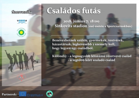 Csal�dos fut�s a Csal�d �s Eg�szs�g het�n - Mert futni bizony j�! Ezt az �let�rz�st szeretn� megosztani mindenkivel j�nius 7-�n a k�zdiv�s�rhelyi Sportiroda �s a Z�ld Nap Egyes�let akik az idei �vben is csal�di fut�sra h�vj�k a mozogni v�gy�kat a Sinkovits stadion udvar�ra. A Csal�d �s Eg�szs�g hete alkalm�val megszervezett rendezv�ny 18 �r�t�l kezdődik, ide benevezhetnek sz�lők, gyermekek, testv�rek, h�zast�rsak. Legkevesebb k�t szem�ly kell, hogy legyen egy csal�db�l.

K�l�nd�jban r�szes�l az a csal�d, amely a legnagyobb l�tsz�mmal k�pviselteti mag�t e napon valamint az a csal�d, melynek tagjai a legt�bb k�rt futj�k. A sportol�s �lm�nye mell� pedig ingyenes sz�rakoztat� programokat is k�n�lunk, ezzel is fokozva az esem�ny hangulat�t. Ne hagyd ki, j� buli lesz. V�runk T�ged is szeretettel!

Plak�t: B�r� Levente