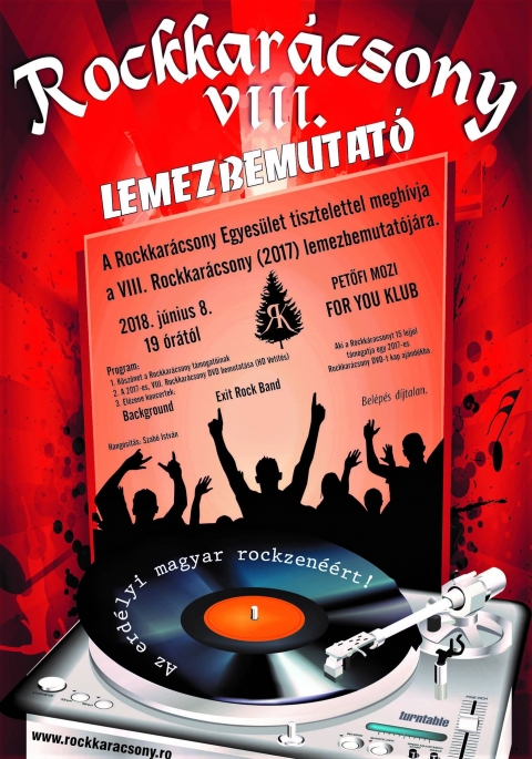 VIII. Rockkar�csony (2017) lemezbemutat�ja a Petőfi moziban (For You Club) - 2018 j�nius 8-�n, p�nteken 19 �r�t�l, ker�l sor a VIII. Rockkar�csony (2017) lemezbemutat�j�ra, a Petőfi moziban (For You Club).

Program:
- k�sz�net a Rockkar�csony t�mogat�inak
- a VIII. Rockkar�csony DVD bemutat�sa (HD vet�t�s)
- �lőzene koncertek: Background, Exit Rock Band

Minden �rdeklődőt szeretettel v�runk.
A bel�p�s d�jtalan!

https://www.facebook.com/events/175815549756027/