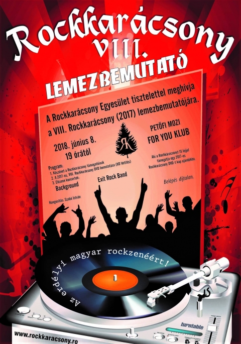 VIII. Rockkarcsony (2017) lemezbemutatja a Petőfi moziban (For You Club) - 2018 jnius 8-n, pnteken 19 rtl, kerl sor a VIII. Rockkarcsony (2017) lemezbemutatjra, a Petőfi moziban (For You Club).

Program:
- ksznet a Rockkarcsony tmogatinak
- a VIII. Rockkarcsony DVD bemutatsa (HD vetts)
- lőzene koncertek: Background, Exit Rock Band

Minden rdeklődőt szeretettel vrunk.
A belps djtalan!

https://www.facebook.com/events/175815549756027/