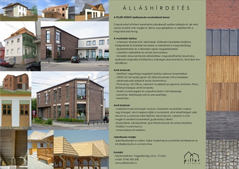 A PILL�R ST�DI� �p�t�sziroda munkat�rsat keres - A PILL�R ST�DI� �p�t�sziroda munkat�rsat keres!

Csapatunkat bőv�teni szeretn�nk p�lyakezdő ep�t�sz koll�g�val, aki r�szt venne irod�nk m�r megl�vő, illetve �j projektjeiben a v�zlattervtől a megval�sul�si tervig. 

A munkak�r le�r�sa:
- a feladat, t�bbek k�zt, lak�h�zak, t�rt�nelmi �p�letek fel�j�t�sa, k�z�p�letek �s k�zterek tervez�se a v�zlatokt�l a megval�s�t�sig
- �p�letfelm�r�s �s a felm�r�si rajzok megszerkeszt�se
- v�zlatterv elk�sz�t�se �s annak bemutat�sa
- tervez�si dokument�ci�k elők�sz�t�se: megval�s�that�si tanulm�ny, �p�tkez�si enged�ly kiv�lt�s�hoz sz�ks�ges dokument�ci�, technikai terv elő�ll�t�sa

Amit elv�runk:
- felsőfok� v�gzetts�g megfelelő �p�t�sz szakmai ismeretekkel
- ARHICAD tervezőprogram 3D �llom�nyainak rutinos kezel�se
- alkalmazkod�s kialakult irodai strukt�r�hoz
- Photoshop, MS Office, valamint modellező programok (Artlantis, Rhino, 3DSMax) k�zepes szintű ismerete 
- �n�ll� munkav�gz�si �s csapatmunk�ra val� k�pess�g
- precizit�s, felelőss�gtudat �s szervezetts�g
- kreativit�s

Amit k�n�lunk:
- csal�dias irodai k�rnyezet, kedves, �sszetart� munkat�rsi csapat
- egy k�zeget, ahol megbecs�lj�k a munk�dat, ahol lehetős�ged ny�lik tanulni �s a szakm�n bel�l fejlődni, kibontakozni, valamint a m�r megl�vő elm�leti ismereteket gyakorlatba �ltetni
- k�z�p�letek, lak��p�letek, ipari l�tes�tm�nyek terveinek k�sz�t�se
- fő�ll�s� munkaviszony
- versenyk�pes j�vedelem

Jelentkez�s m�dja:
- jelentkez�sedet e-mailen v�rjuk �n�letrajz �s portof�li� ek�ld�s�vel az info@pillerstudio.ro e-mail c�mre.

www.pillerstudio.ro