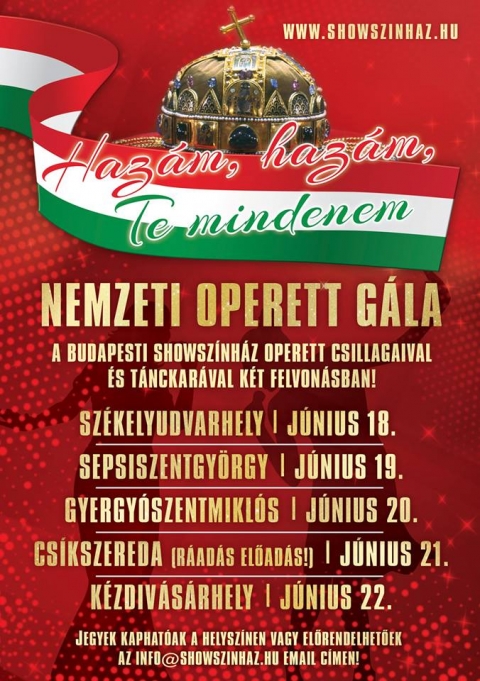 Nemzeti Operett G�la - Haz�m, haz�m, Te mindenem  - 2018. j�nius 22-�n, p�nteken 20 �r�t�l a Vigad� Művelőd�si H�z nagyterm�ben a Budapesti Showsz�nh�z, Nemzeti Operett G�l�j�n vehetnek r�szt, Haz�m, haz�m, Te mindenem c�mmel.

Az online lefoglalt jegyek h�tfőtől, j�nius 11-től kiv�lthat�ak a jegyp�nzt�runkban.