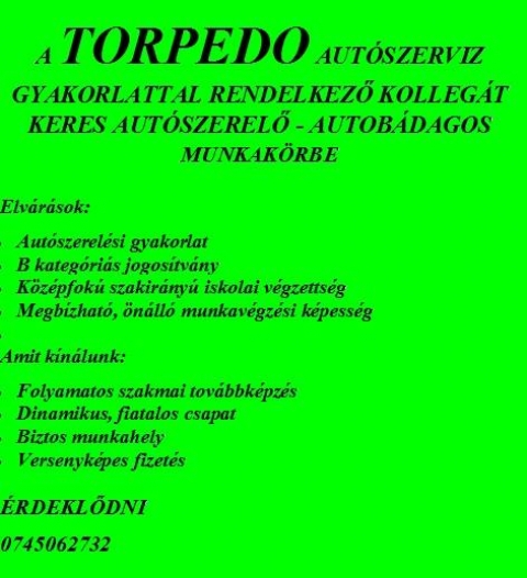 A Torpedo aut�szerviz aut�szerelő, aut�b�dogos munkahelyet aj�nl - A Torpedo aut�szerviz gyakorlattal rendelkező koll�g�t keres aut�szerelő, aut�b�dogos munkak�rbe.

Elv�r�sok:
aut�szerel�si gyakorlat,
B kateg�ri�s jogos�tv�ny,
k�z�pfok� szakir�ny� iskolai v�gzetts�g,
megb�zhat�, �n�ll� munkav�gz�si k�pess�g. 

Amit k�n�lunk:
Folyamatos szakmai tov�bbk�pz�s,
dinamikus, fiatalos csapat,
biztos munkahely,
versenyk�pes fizet�s.
�rdeklődni a 0745062732 telefonsz�mon.
