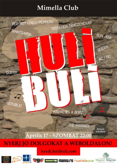 Huli Buli a Mimella Clubban - Egy kicsit ms Huli Buli kvetkezik prilis 17-n, szombaton este 22:00-kor a Mimella Clubban.A belp ra 4.98 RON.Asztalfoglals: 0762-207-239 s 0764-421-393http://kezdi.hulibuli.com