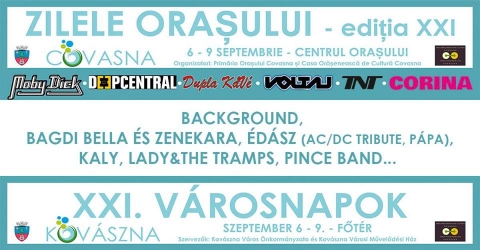 Kov�sznai V�rosnapok 2018 - 2018-ban is megrendez�sre ker�lnek a Kov�sznai V�rosnapok, szeptember 6-9 k�z�tt.

A h�tv�g�n fell�pő zenekarok mellett hagyom�nyos term�kv�s�r, �lő szoborpark, bogr�csfőző-verseny, f�v�skoncertek, helyi �s megh�vott t�nccsoportok fell�p�sei, sportrendezv�nyek �s aut�verseny, karate-bemutat�, gyermektev�kenys�gek, sz�nh�zi előad�sok, k�pzőműv�szeti ki�ll�t�sok sz�nes�tik a műsork�n�latot.

Fell�pő zenekarok: Moby Dick, Deepcentral, Dupla K�v�, Voltaj, TNT, Corina, Background, Bagdi Bella �s zenekara, �d�sz (AC/DC Tribute, P�pa), Kaly, Lady & The Tramps, Pince Band.
