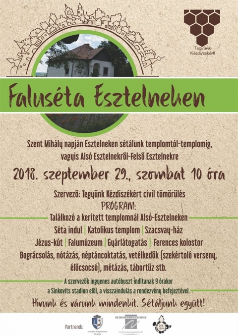 Falus�ta Esztelneken - Falus�ta Esztelneken

A Tegy�nk K�zdisz�k�rt civil t�m�r�l�s szervez�s�ben 2018. szeptember 29-�n 10 �r�t�l ker�l sor az Esztelneki falus�t�ra.

Falus�t�nk c�lja: aki a saj�t faluj�hoz tartoz� tud lenni, aki v�llalkozik r�, hogy a szomsz�d falut megismeri, az a di�k, aki a csal�dja �let�t a di�kt�rsa csal�dj�nak �let�vel �sszehasonl�tja, �lete k�sőbbi utaz�sain�l nem csak a term�szet �s a műeml�kek sz�ps�geinek �lvezet�re lesz k�pes, hanem olyan tapasztalat gyűjt�s�re is, amely �letalak�t�s�t seg�ti. Egy v�rosi fiatal, aki egy k�zel�ben levő falura l�togat, izgalmas kalandra v�llalkozik. Mert a kimozdul�s mindenki sz�m�ra �j �lethelyzet, �j tapasztalat, �t a bar�ts�ghoz. Az a helyb�li, aki v�gigs�t�l a saj�t telep�l�s�n, tal�n elkezd m�s szemmel r�l�tni mag�ra, faluj�ra, megerős�dik abban az �rz�sben, hogy hovatartoz�s�nak k�sz�nhetően, neki h�ttere van, amely megtartja őt. Mindenfajta ismerked�sn�l a m�sodik k�rd�s: honnan vagy? Behat�roljuk magunkat a t�rben. A k�rnyezeti �n�letrajznak elk�pesztő szerepe van. Helyek n�lk�l nem tudjuk magunkat �rtelmezni. K�lcs�nhat�sunk a k�rnyezettel nem tudatosul�, de hossz� t�v�, egy �leten kereszt�l hat, �sszegyűlik benn�nk, lerak�dik �s identit�sr�tegg� alakul.

Program:
9 �rakor ingyenes busszal indulunk a Sinkovits stadion elől. 

Visszaindul�s program v�gezt�vel, alkonyat k�r�l.

10 �rakor fogadjuk az �rkezőket az Als�esztelneki r�mai katolikus templomn�l, s�ta indul�sa

Meg�ll�k:
- K�zs�gi k�nyvt�r, falum�zeum, fot�ki�ll�t�s
- Szacsvay J�nos eml�kmű
- 1848-49-es eml�kmű
- az Esztelneken műk�dő RGT Rom�nia k�szruhagy�r
- Polg�rmesteri hivatal, Angustia Egyes�let
- J�zus-k�t
- Ferences templom �s kolostor

A nap folyam�n �gyess�gi �s sz�rakoztat� j�t�kok is lesznek, valamint n�pzene �s n�pt�nc, renesz�nsz vill�mcsőd�let �s v�s�r.

A Tegy�nk K�zdisz�k�rt csapata szeretettel v�r minden kedves �rdeklődőt!
