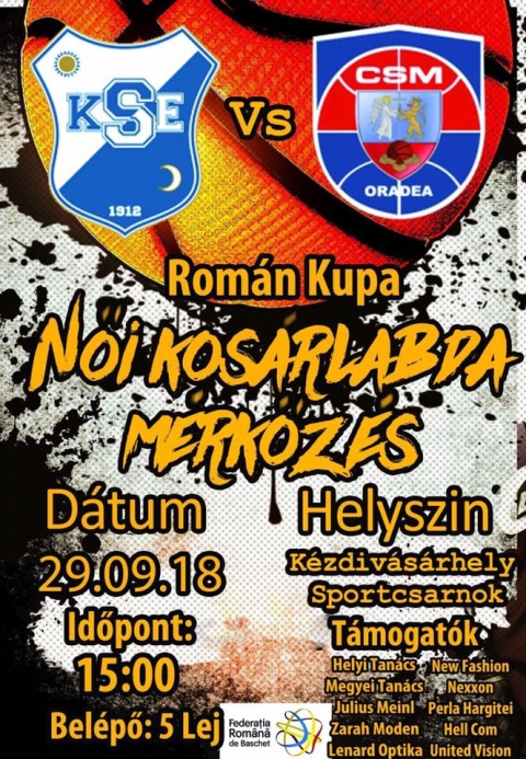 KSE - CSM Nagyv�rad női kos�rlabda m�rkőz�s - 2018. szeptember 29-�n, 15 �rai kezdettel, KSE - CSM Nagyv�rad női kos�rlabda m�rkőz�sre ker�l sor, a k�zdiv�s�rhelyi Sportcsarnokban.
Bel�pő 5 lej.
