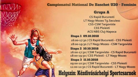 Női Kos�rlabda Bajnoks�g az U20-as koroszt�ly sz�m�ra - 2018. okt�ber 9-11 k�z�tt Női Kos�rlabda Bajnoks�g ker�l megszervez�sre az U20-as koroszt�ly sz�m�ra, a k�zdiv�s�rhelyi Sportcsarnokban.

A Csoport
CS Rapid Bucuresti
LT Nagy M�zes Tg.Secuiesc
CSS-CSM Targoviste
CSS Ploiesti
ACS NBS Cluj-Napoca

1.Szakasz - 09.10.2018
16:00-17:30 / CS Rapid Bucuresti - CSS Ploiesti
18:00-19:30 / LT Nagy M�zes - CSM Targoviste

2.Szakasz - 10.10.2018
16:00-17:30 / CSM Targoviste - CS Rapid Bucuresti
18:00-19:30 / CSS Ploiesti - LT Nagy M�zes

3.Szakasz - 11.10.2018
09:00-10:30 / CSM Targoviste - CSS Ploiesti
11:00-12:30 / CS Rapid Bucuresti - LT Nagy M�zes

