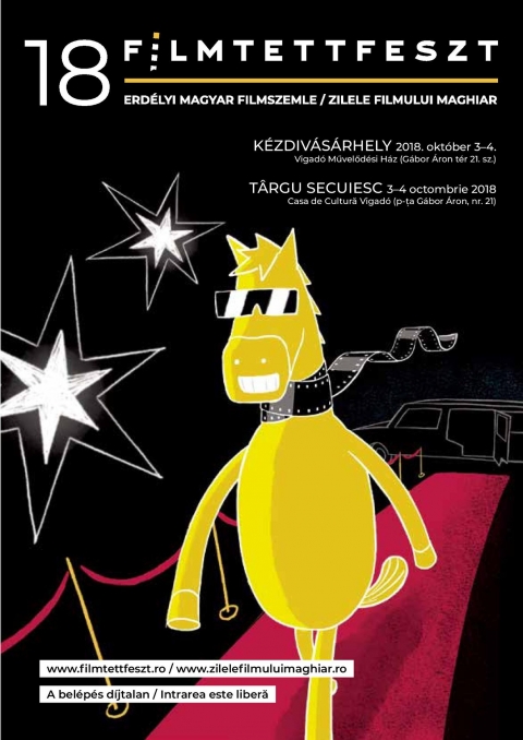 18. Filmtettfeszt K�zdiv�s�rhelyen - A Vigad� Művelőd�si H�z nagyterm�ben 2018 okt�ber 3-�n, szerd�n �s 4-�n, cs�t�rt�k�n ker�l sor a 18. Filmtettfeszt filmjeinek vet�t�seire.

2018. okt�ber 3, szerda - 17:00
Vigad� Művelőd�si H�z | Nagyterem
18. FILMTETTFESZT / Filmgalopp versenyfilmek 1
Sim� Ibolya: Falu Fess�n (2018,22' felirat: RO, 12+)
Moldovai Katalin: Ahogy eddig (2018,24' felirat: RO, 16+)
Csurka-L�szl� Csongor: Szevasz, Laci (2018,10' felirat: RO, 12+)
Frunza Roland: Vas�rnap (2018,18' felirat: RO, 16+)

2018. okt�ber 3, szerda - 18:30
Vigad� Művelőd�si H�z | Nagyterem
18. FILMTETTFESZT / Nagyj�t�kfilm
V�kes Csaba: Hetedik alab�rdos (2017,87' felirat: RO, 12+)

2018. okt�ber 3, szerda - 20:00
Vigad� Művelőd�si H�z | Nagyterem
18. FILMTETTFESZT / Nagyj�t�kfilm
Sz�sz J�nos: A hentes, a kurva �s a f�lszemű (2018,105' felirat: RO, 18+)

2018. okt�ber 4, cs�t�rt�k - 11:0
Vigad� Művelőd�si H�z | Nagyterem
18. FILMTETTFESZT / Nagyj�t�kfilm
T�r�k Ferenc: 1945 (2016,91' felirat: RO, 12+)

2018. okt�ber 4, cs�t�rt�k - 17:00
Vigad� Művelőd�si H�z | Nagyterem
18. FILMTETTFESZT / Filmgalopp versenyfilmek 2
Sztercey Benedek Szabolcs: Your Face Without The Screen (2018,22' felirat: RO, 12+)
Incze Kata: Small Talk (2018,13' felirat: RO, 12+)
Kov�cs N�ra: Nova (2018,15' felirat: RO, 12+)
Tasn�di Levente: Alvaj�r� (2018,27' felirat: RO, 12+)

2018. okt�ber 4, cs�t�rt�k - 18:30
Vigad� Művelőd�si H�z | Nagyterem
18. FILMTETTFESZT / Nagyj�t�kfilm
Csup� G�bor: Pappa pia (2017,105' felirat: RO, 12+)

2018. okt�ber 4, cs�t�rt�k - 20:30
Vigad� Művelőd�si H�z | Nagyterem
18. FILMTETTFESZT / Nagyj�t�kfilm
Politzer P�ter: F�rfikor (2017,77' felirat: RO, 12+)
