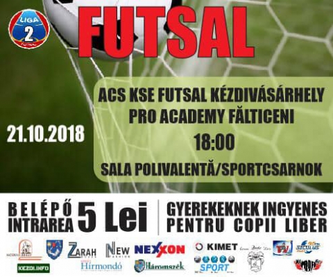 KSE Futsal - Pro Academy Falticeni futsalm�rkőz�s - A Futsal bajnoks�g II. Lig�j�ban, a KSE Futsal csapata, 2018. okt�ber 21-�n, vas�rnap 18 �r�t�l az Pro Academy Falticen csapattal m�rkőzik meg a k�zdiv�s�rhelyi Sportcsarnokban.
A bel�pő 5 lej, gyerekeknek ingyenes.