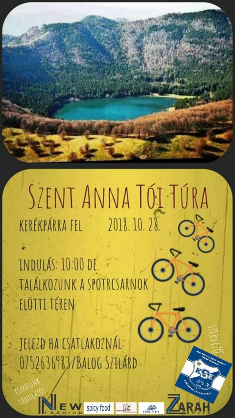 Őszi kerékpár túra a Szent Anna Tóhoz - 2018 október 28-án, vasárnap délelőtt 10 órától a KSE Kerékpár szakosztály őszi kerékpár túrát szervez a Szent Anna Tóhoz.
Indulás Vasárnap délelőtt 10:00 órakor a Sportcsarnok előtti téren. A táv oda-vissza 70 km körüli.
Az egész napos eseményre ajánlott hozni 2 liter vizet (a forrásoknál újra tölthetünk) és falatozni valót.
Viselj réteges öltözetet.
Egy kellemes őszi túrára számíthatsz, barátságos tempóban. Nem hagyunk el, nem etetünk meg a medvével.
Részvételi szándékodat kérlek jelezd a 07/ Szili Balog ( 077945422564 ).
https://www.facebook.com/events/628175980930644/