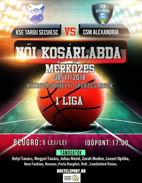 I. Lig�s női kos�rlabda m�rkőz�s: KSE - CSM Alexandria - 2018. november 11-�n, 17 �r�t�l, I. Lig�s női kos�rlabda m�rkőz�sre ker�l sor a k�zdiv�s�rhelyi Sportcsarnokban, a KSE �s a  CSM Alexandria k�zt.
A beugr� 5 lej.

T�mogat�k: Helyi Tan�cs, Megyei Tan�cs, Julius Meinl, Zarah Moden, Lenart Optika, New Fashion, Nexxon, Perla Harghitei, Hell, ComUnited Vision.


