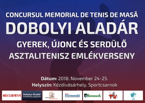 Dobolyi Alad�r gyerek, �jonc �s serd�lő asztalitenisz eml�kverseny - Dobolyi Alad�r gyerek, �jonc �s serd�lő asztalitenisz eml�kversenyre ker�l sor K�zdiv�s�rhely Sportcsarnok�ban 2018 november 24-25 k�z�tt.

A verseny szombaton reggel 9 �r�t�l kezdődik a v�rosi sportcsarnokba �s vas�rnap ugyancsak 9 �rakor kezdődik 11:30 �r�ig.

Leigazolt versenyzők indulhatnak n�gy koroszt�lyban: U9, U11, U13, U15 fiuk �s l�nyok az orsz�g minden t�j�r�l.

Edzőnk Dobolyi Alad�r eml�k�re indult el 2016-ban ezt a verseny, a c�l az hogy a verseny nemzetk�ziv� v�ljon �s az orsz�gos versenynapt�rban is helyet kapjon.

A Dobolyi Alad�r asztalitenisz eml�kverseny főt�mogat�ja a Secuiana k�szruhagy�r, K�zdiv�s�rhely Polg�rmesteri Hivatala, Nagy M�zes Elm�leti L�ceum.

http://www.secuiana.ro/
http://kezdi.ro
http://nmg.ro/