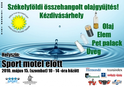 sszehangolt olajgyjts Szkelyfld hat vrosban - Kzdivsrhely - 2010 mjus 15-n (szombaton) 10-14 ra kztt immr harmadik alkalommal szervezi meg a Zld Nap Egyeslet Kzdivsrhelyen a Nagy Olajgyjts elnevezs akcit. A lakosok a hasznlt tolaj mellett elhozhatjk a manyag palackokat, az vegeket s szrazelemeket is a Sport Motel eltt fellltott gyjtponthoz.Bvebben: http://zoldnap.info/szekelyfoldi-osszehangolt-olajgyujtesUpdate:Kzdivsrhely is csatlakozott azon szkelyfldi vrosokhoz ahol az sszehangolt olajgyjtsre kerlt sor. A ngy ra leforgsa alatt 43 liter hasznlt tolajat, egy zacsk elemet, ht zsk veget s 4 zsk PET palackot sikerlt begyjtennk a Sport Motel eltt fellltott standunknl.Tovbbi rszletek a zoldnap.info-n.