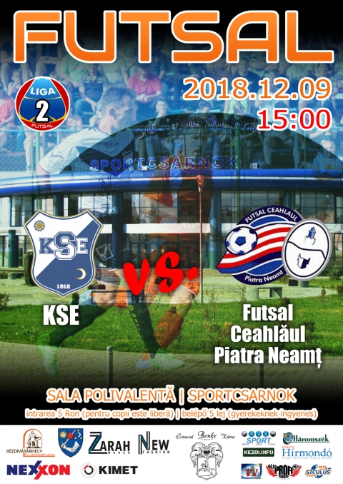 KSE Futsal - Ceahlaul Piatra Neamt futsalm�rkőz�s - A Futsal bajnoks�g II. Lig�j�ban, a KSE Futsal csapata, 2018. december 9-�n, vas�rnap 15 �r�t�l a Ceahlaul Piatra Neamt csapattal m�rkőzik meg a k�zdiv�s�rhelyi Sportcsarnokban.
A bel�pő 5 lej, gyerekeknek ingyenes.